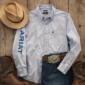 ARIAT NWOT Gray Cotton Twill Embroydered L Sleeve Western Shirt. Mens XL